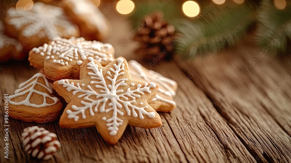 Deliciously decorated gingerbread cookies on rustic wood with holiday lights in the background, perfect for festive celebrations. Deliciously decorated gingerbread cookies on rustic wood with holiday lights in the background, perfect for festive celebrations.
