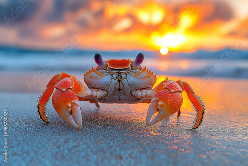 Colorful crab standing on the beach at sunset