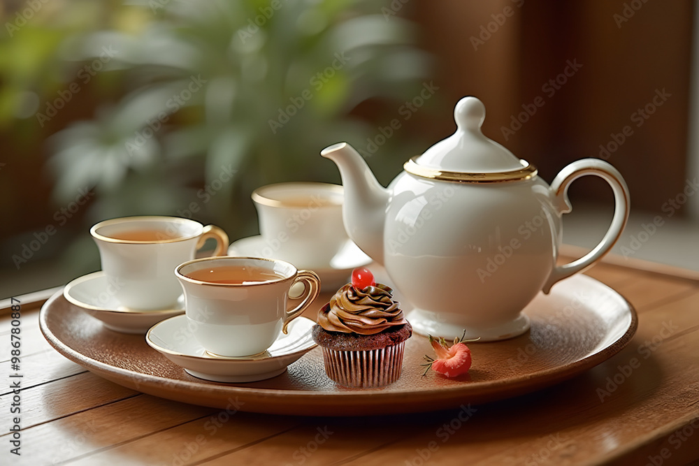 Elegant tea set with teapot and cups on a wooden tray Elegant tea set with teapot and cups on a wooden tray