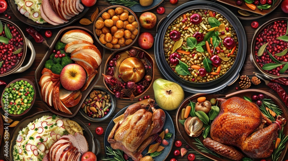 A beautifully arranged holiday feast featuring roast turkey, mashed potatoes, cranberries, apples, citrus, and festive garnishes, perfect for seasonal celebrations.
A beautifully arranged holiday feast featuring roast turkey, mashed potatoes, cranberries, apples, citrus, and festive garnishes, perfect for seasonal celebrations.