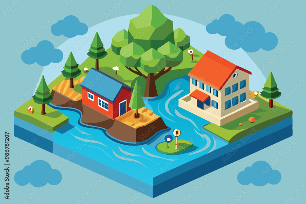 A vivid illustration depicts a flood scenario with houses, trees, and a flowing river on a clear day, Customizable flood illustration with disproportionate features. A vivid illustration depicts a flood scenario with houses, trees, and a flowing river on a clear day, Customizable flood illustration with disproportionate features.