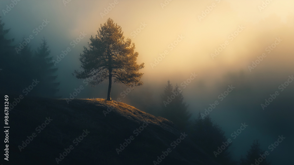 Lonely pine tree standing on hill in foggy forest at golden hour Lonely pine tree standing on hill in foggy forest at golden hour