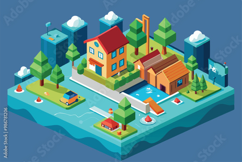 This illustration showcases a colorful isometric view of houses and vehicles adapting to a flood situation, Customizable flood illustration in isometric style.