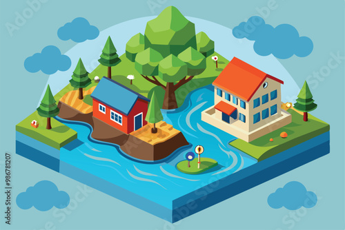 A vivid illustration depicts a flood scenario with houses, trees, and a flowing river on a clear day, Customizable flood illustration with disproportionate features.