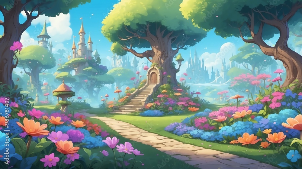 Fototapeta premium Dreamy Garden of Wishes Cartoon Background Design