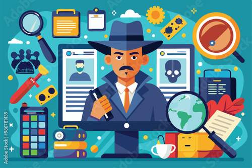 A forensic professional conducts an analysis using technology and tools to gather evidence for a case, Customizable forensic illustration