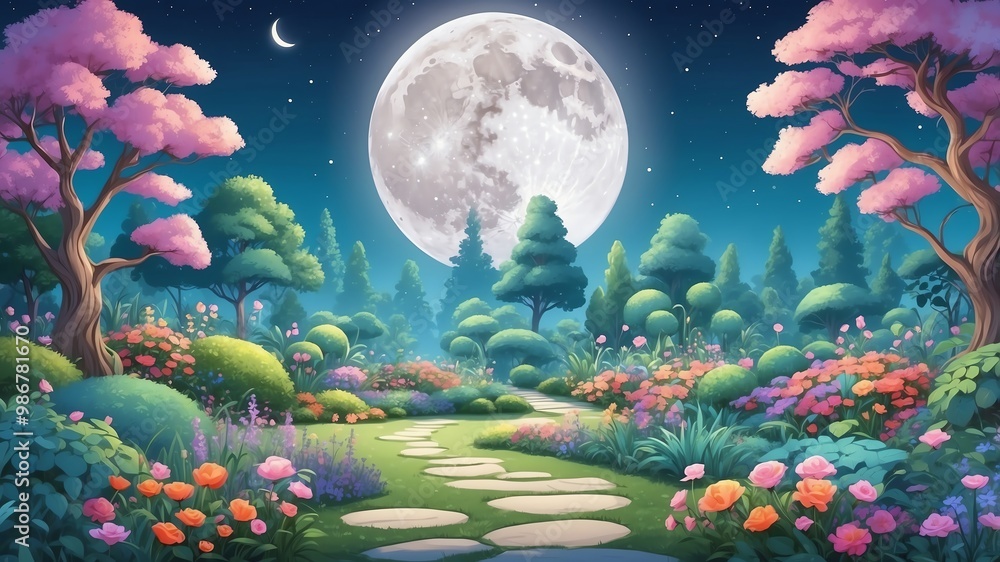 Dreamy Garden Under a Full Moon Cartoon Background Design Dreamy Garden Under a Full Moon Cartoon Background Design