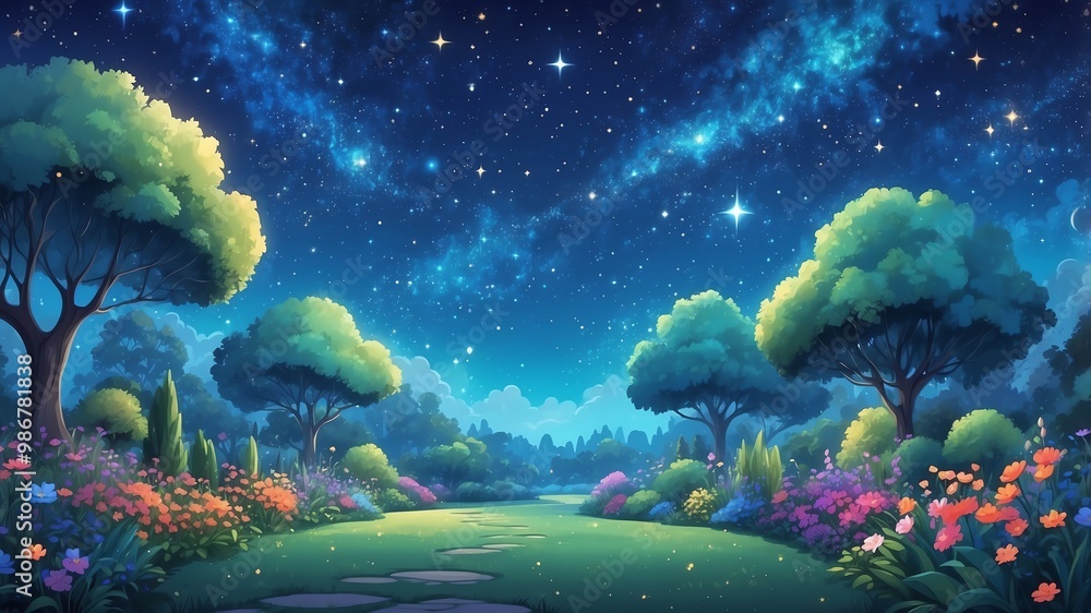 Obraz premium Dreamy Starry Sky Over Garden Cartoon Background Design