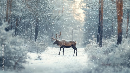 A majestic deer stands still in a serene, snowy forest, surrounded by tall trees and a peaceful winter landscape.