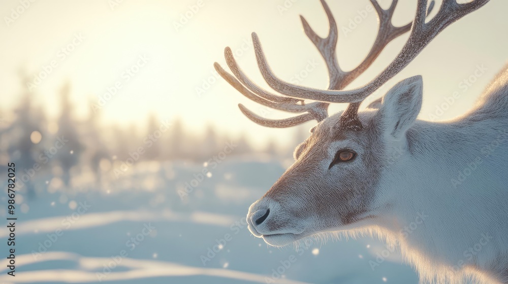 Close-up of a majestic reindeer in a snowy landscape, capturing the beauty of winter wilderness and serene nature. Close-up of a majestic reindeer in a snowy landscape, capturing the beauty of winter wilderness and serene nature.