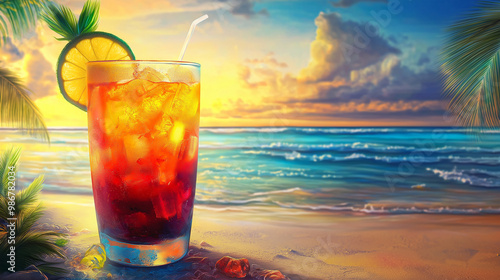 Tropical cocktail standing on the beach at sunset with ocean waves