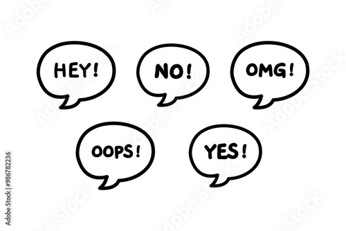 Hand drawn speech bubble doodle set. Hey, yes, no, omg, oops. Outlined decorative vector design isolated illustration.