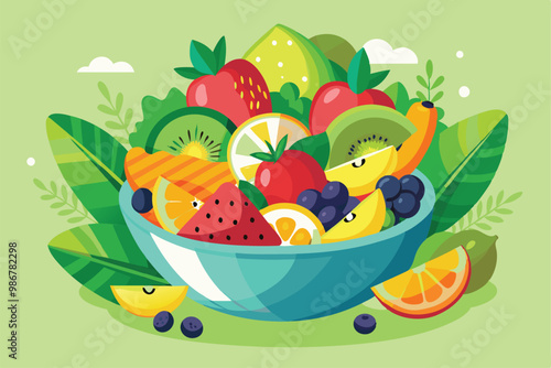 A colorful bowl of assorted fruits is beautifully arranged with leaves, ready for a refreshing treat, Customizable fruit salad illustration with disproportionate elements.