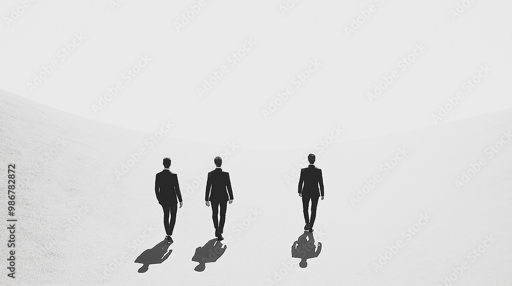 Three businessmen walking towards bright light minimalist black and white Three businessmen walking towards bright light minimalist black and white