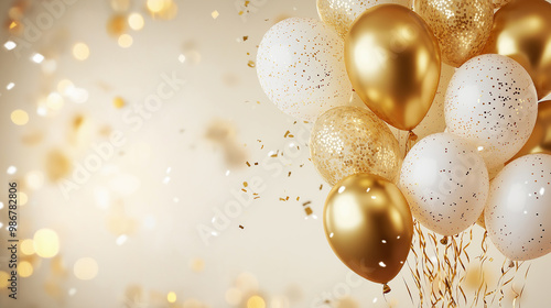 Gold and white balloons floating with falling confetti on a light background