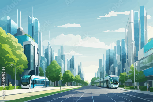 futuristic city skyline, modern urban landscape with lots of greenery, trees, and grass, vibrant summer day, beautiful sunlight, few branches extending into the image from the sidesfuturistic city sky