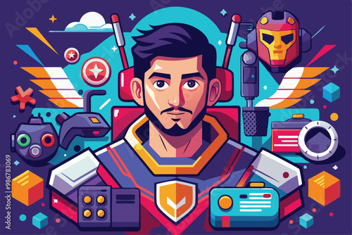 A vibrant gaming illustration shows a character surrounded by various gaming accessories and elements, Customizable gaming illustration with disproportionate features.