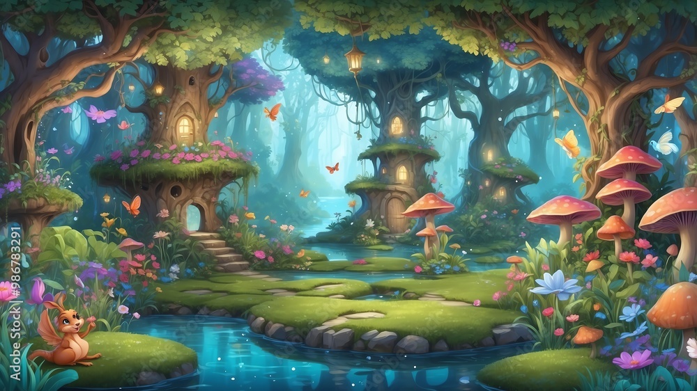 Fototapeta premium Enchanted Garden with Magical Creatures Cartoon Background Design