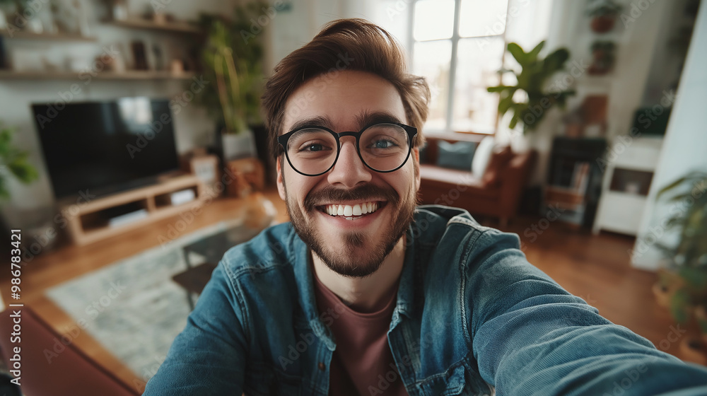 Happy young man taking a selfie at home smiling and wearing glasses Happy young man taking a selfie at home smiling and wearing glasses