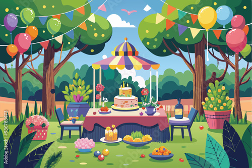 A vibrant garden party setup with colorful decorations, a cake, and inviting seating among lush greenery, Customizable garden party illustration