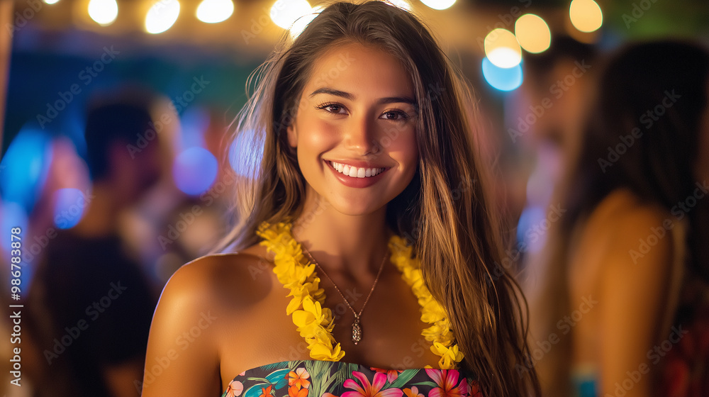 Beautiful woman smiling at hawaiian party at night Beautiful woman smiling at hawaiian party at night
