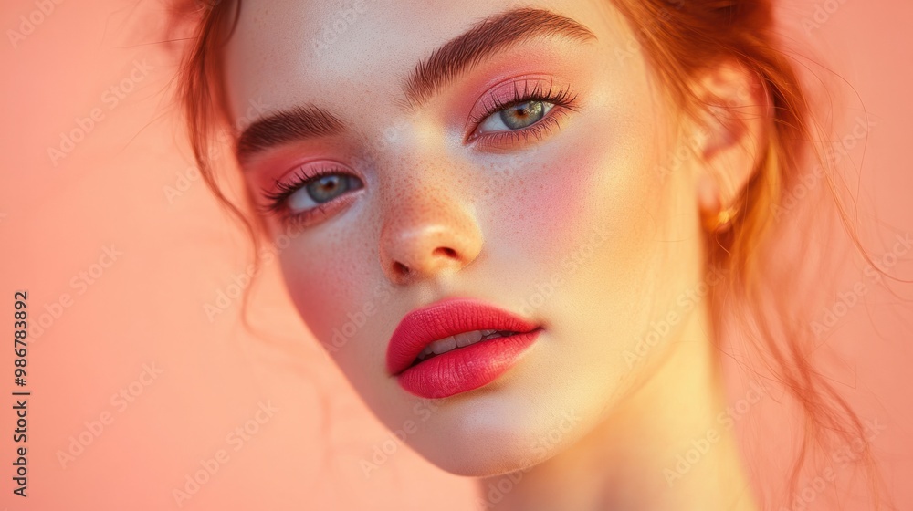 Close-up of a young woman with bold makeup, looking directly at the camera, isolated on a pastel peach background. Close-up of a young woman with bold makeup, looking directly at the camera, isolated on a pastel peach background.