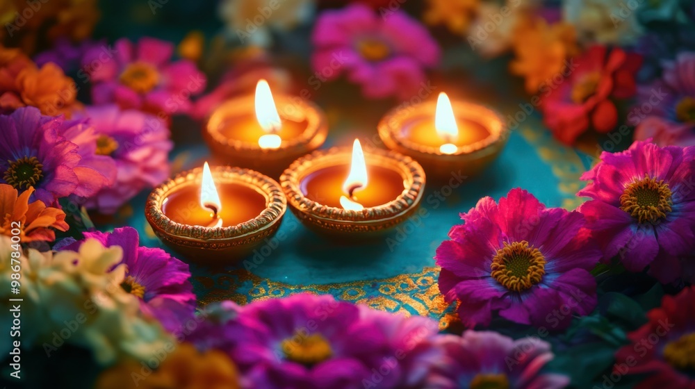Multiple diyas set amongst a bed of colorful petunias and zinnias, over a radiant teal and gold rangoli, low level angle, copy space, happy Diwali background, traditional, Indian festival Multiple diyas set amongst a bed of colorful petunias and zinnias, over a radiant teal and gold rangoli, low level angle, copy space, happy Diwali background, traditional, Indian festival