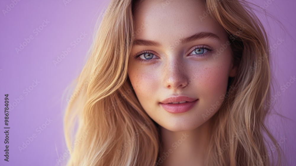 Close-up of a young woman with long blonde hair, soft smile, isolated on a pastel lavender background, gentle lighting. Close-up of a young woman with long blonde hair, soft smile, isolated on a pastel lavender background, gentle lighting.