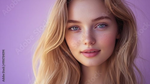 Close-up of a young woman with long blonde hair, soft smile, isolated on a pastel lavender background, gentle lighting.