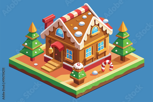 A delightful gingerbread house stands decorated with icing, candy, and snow on a colorful base, Customizable gingerbread house illustration