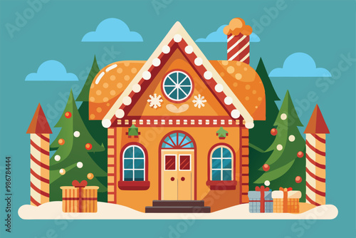 A vibrant gingerbread house is adorned with candy and surrounded by decorated trees and gifts, Customizable gingerbread house illustration