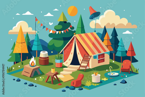 A vibrant glamping area features a colorful tent, cozy seating, and a campfire among lush green trees, Customizable glamping illustration that is disproportionate.
