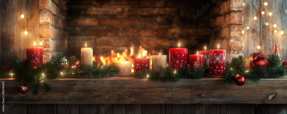 Cozy Christmas scene with festive candles on a wooden mantel, surrounded by greenery and warm lights, perfect for holiday decor. Cozy Christmas scene with festive candles on a wooden mantel, surrounded by greenery and warm lights, perfect for holiday decor.