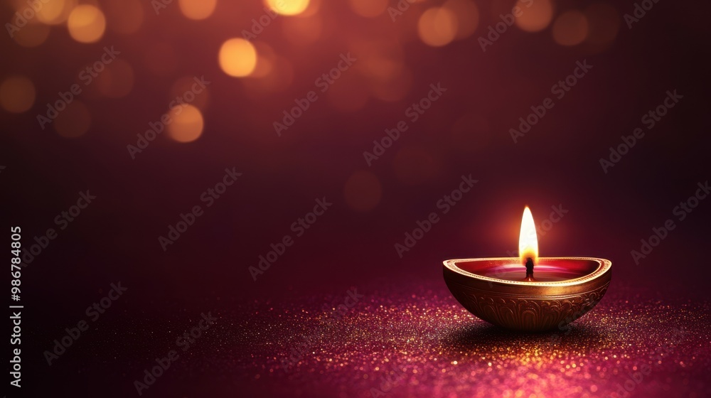 Single brass diya glowing brightly, set on a deep maroon-to-gold gradient backdrop with subtle glittery accents, copy space, happy Diwali background, traditional, Indian festival Single brass diya glowing brightly, set on a deep maroon-to-gold gradient backdrop with subtle glittery accents, copy space, happy Diwali background, traditional, Indian festival