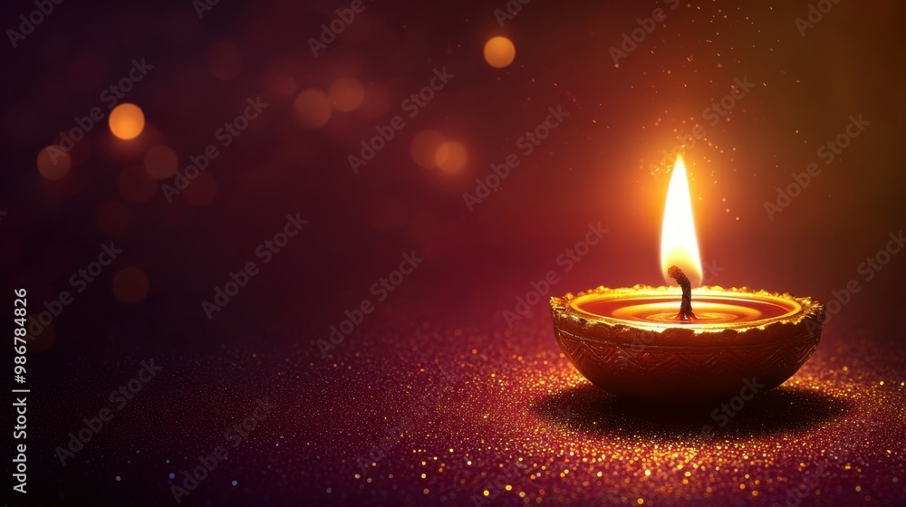 Single brass diya glowing brightly, set on a deep maroon-to-gold gradient backdrop with subtle glittery accents, copy space, happy Diwali background, traditional, Indian festival Single brass diya glowing brightly, set on a deep maroon-to-gold gradient backdrop with subtle glittery accents, copy space, happy Diwali background, traditional, Indian festival