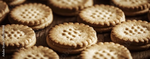 Delicious golden cookies arranged neatly, perfect for tea time or snacking. Enjoy the sweet crunch in every bite!