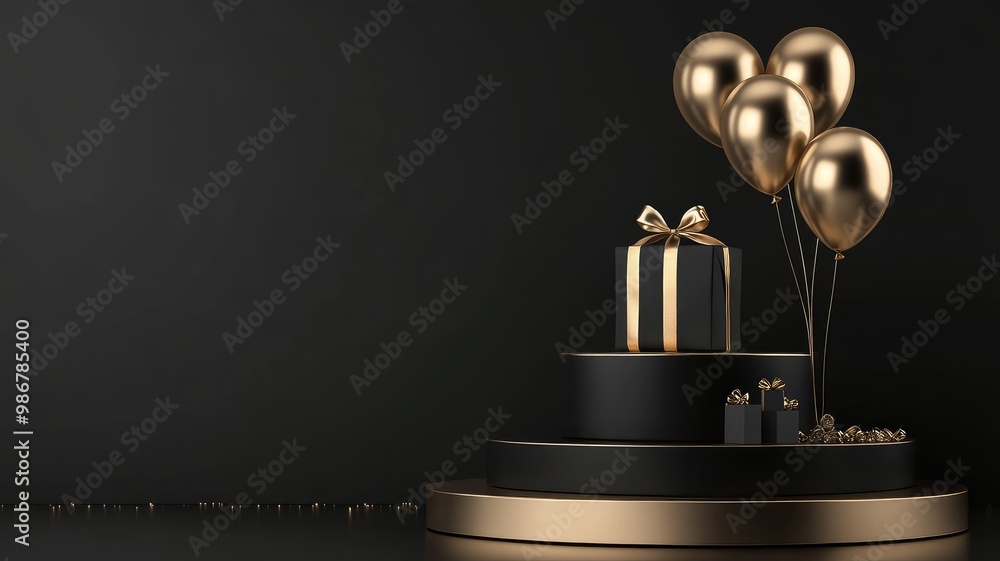 Elegant black and gold gift boxes balloons on podium Elegant black and gold gift boxes balloons on podium
