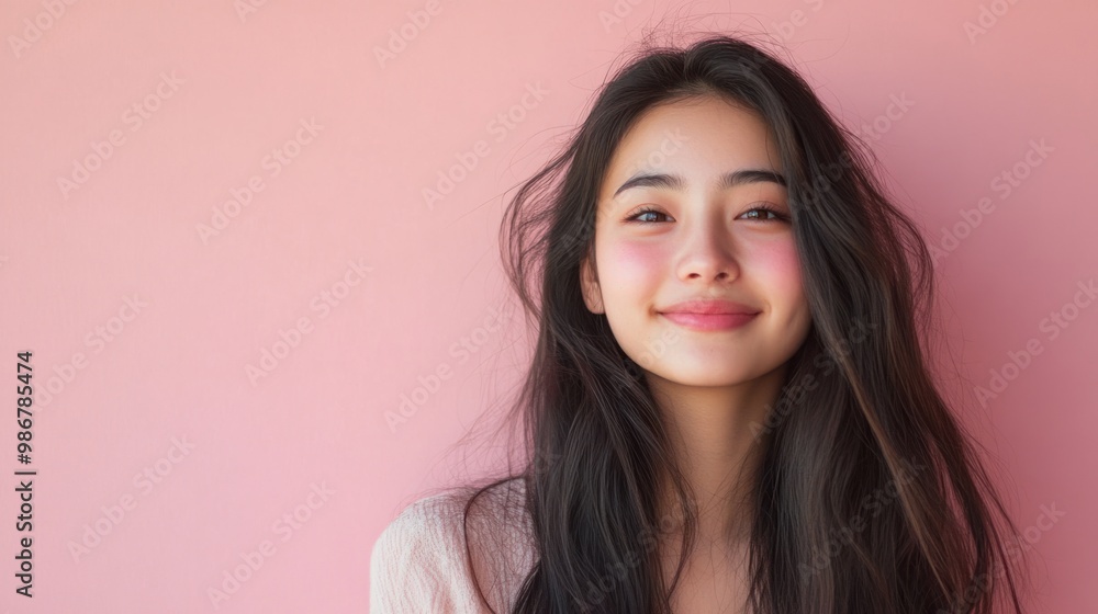 Portrait of a smiling young woman with long hair, isolated on a soft pastel pink background, gentle lighting accentuates features. Portrait of a smiling young woman with long hair, isolated on a soft pastel pink background, gentle lighting accentuates features.