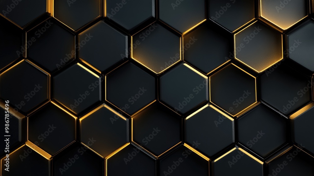 Modern abstract geometric pattern with black and gold hexagons emitting light