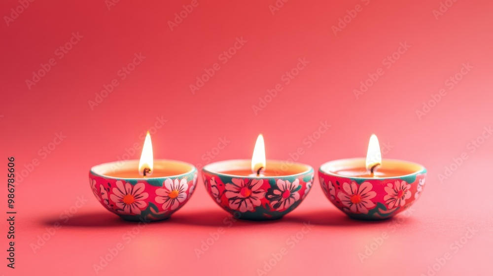 Three floral-patterned diyas arranged in a straight line, resting on a coral pink backdrop with a soft shimmer, copy space, happy Diwali background, traditional, Indian festival. Three floral-patterned diyas arranged in a straight line, resting on a coral pink backdrop with a soft shimmer, copy space, happy Diwali background, traditional, Indian festival.