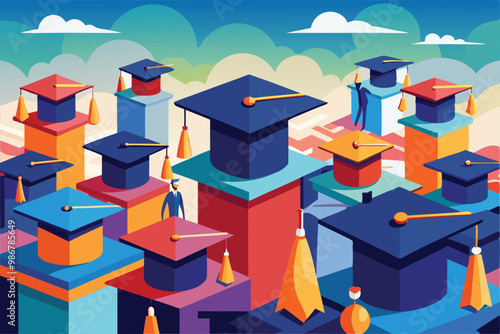 Colorful graduation hats with unique designs sit atop vibrant blocks, showcasing creativity during a joyful occasion, Customizable graduation hats with disproportionate illustration.
