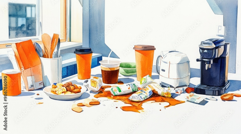 A messy tabletop scene featuring spilled orange juice, coffee cups, snacks, and kitchen appliances against a bright window backdrop. A messy tabletop scene featuring spilled orange juice, coffee cups, snacks, and kitchen appliances against a bright window backdrop.