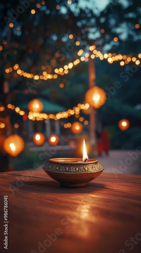 Traditional Indian brass oil lamp on a wooden table, with a backdrop of a garden lit up with lanterns and Diwali fireworks. Copy space, happy Diwali background, traditional, Indian festival