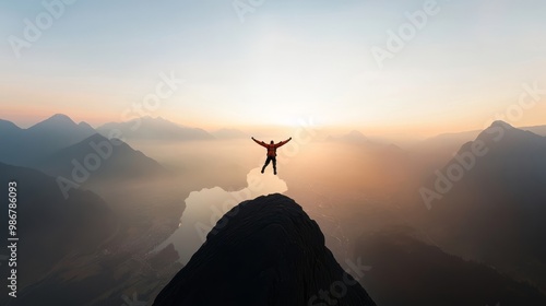 Adventurer Celebrating at Sunrise on Mountain Peak