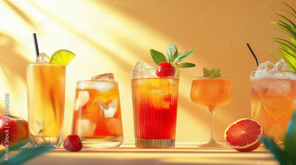 Fototapeta premium Refreshing summer cocktails standing on table in warm sunlight