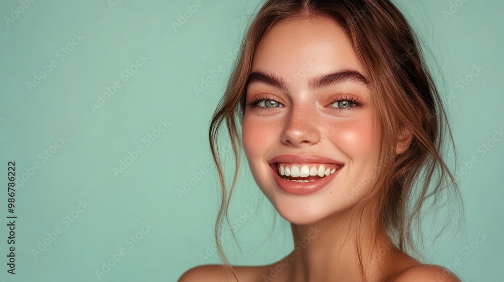 Portrait of a young woman with a bright, cheerful smile, isolated on a pastel green background, wearing minimal makeup.