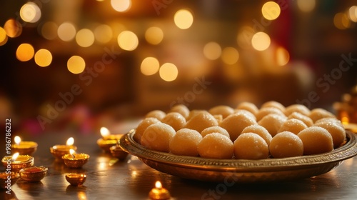 Traditional Indian sweets (laddoo, barfi) arranged in a brass thali on a decorated table, with a background of a festive room filled with lights and garlands. Copy space, Indian traditional festival  photo