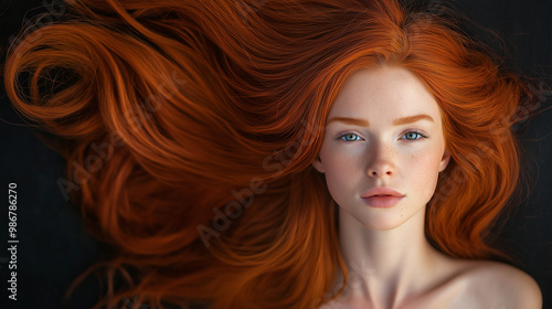 Beautiful redhead woman posing with long healthy hair