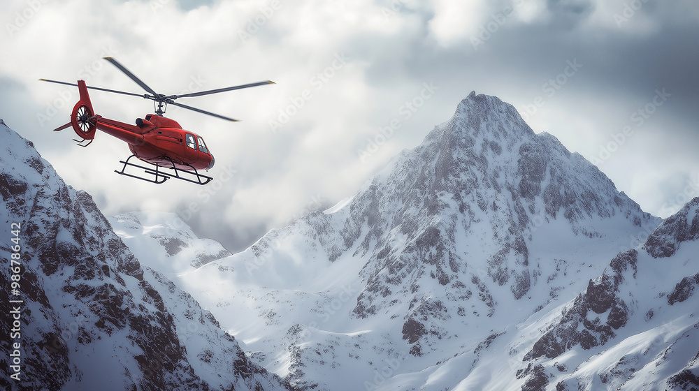Red helicopter flying over snowy mountains in winter Red helicopter flying over snowy mountains in winter