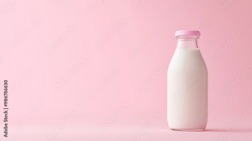 Glass milk bottle standing on pink background with copy space Glass milk bottle standing on pink background with copy space